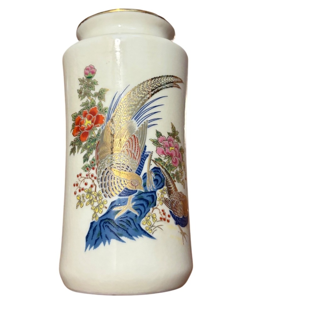 Vintage Japanese Bud Vase Pheasant Floral Gold Gilt Cream 6 in